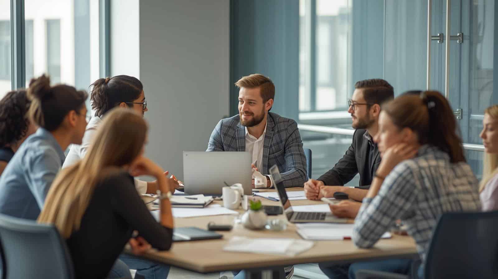 Groupe de professionnels réunis autour d’une table en réunion dans un bureau moderne