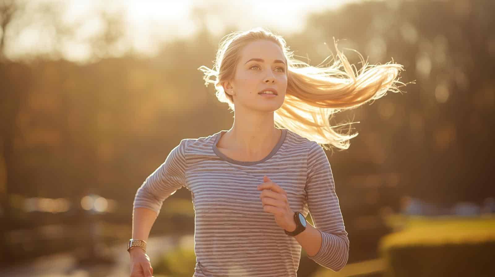 Jeune femme courant en extérieur dans un paysage naturel, illustrant vitalité et bien‑être